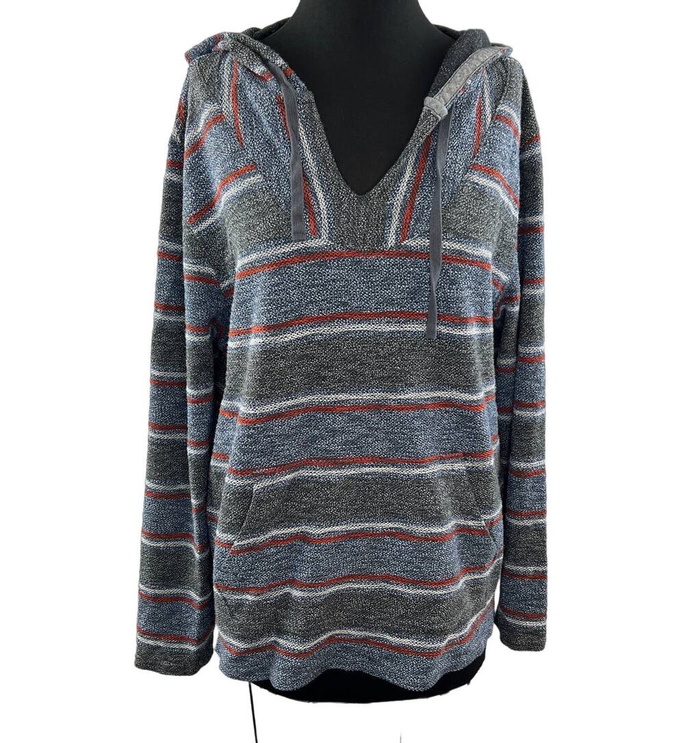 LUCKY BRAND Gray L Hoodie Striped Drawstring V-Neck Long Sleeve Regular Pullover